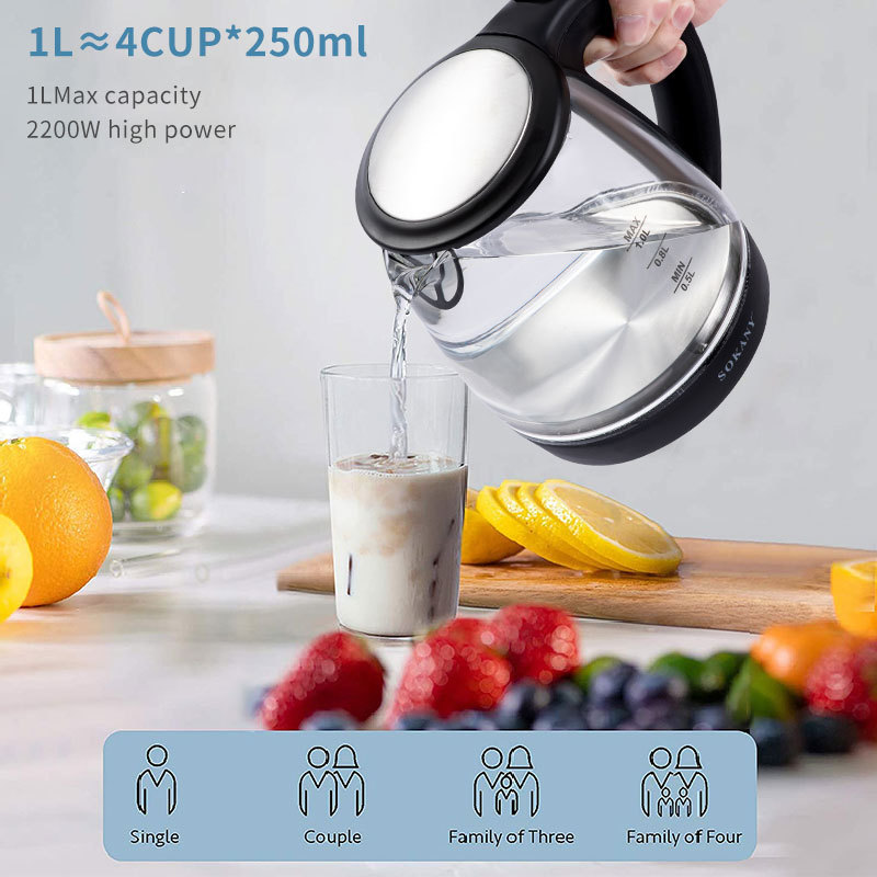 Cordless Portable Glass Tea Kettle BPA Free Water Heater for Tea Coffee Hot Cocoa Electric Kettle