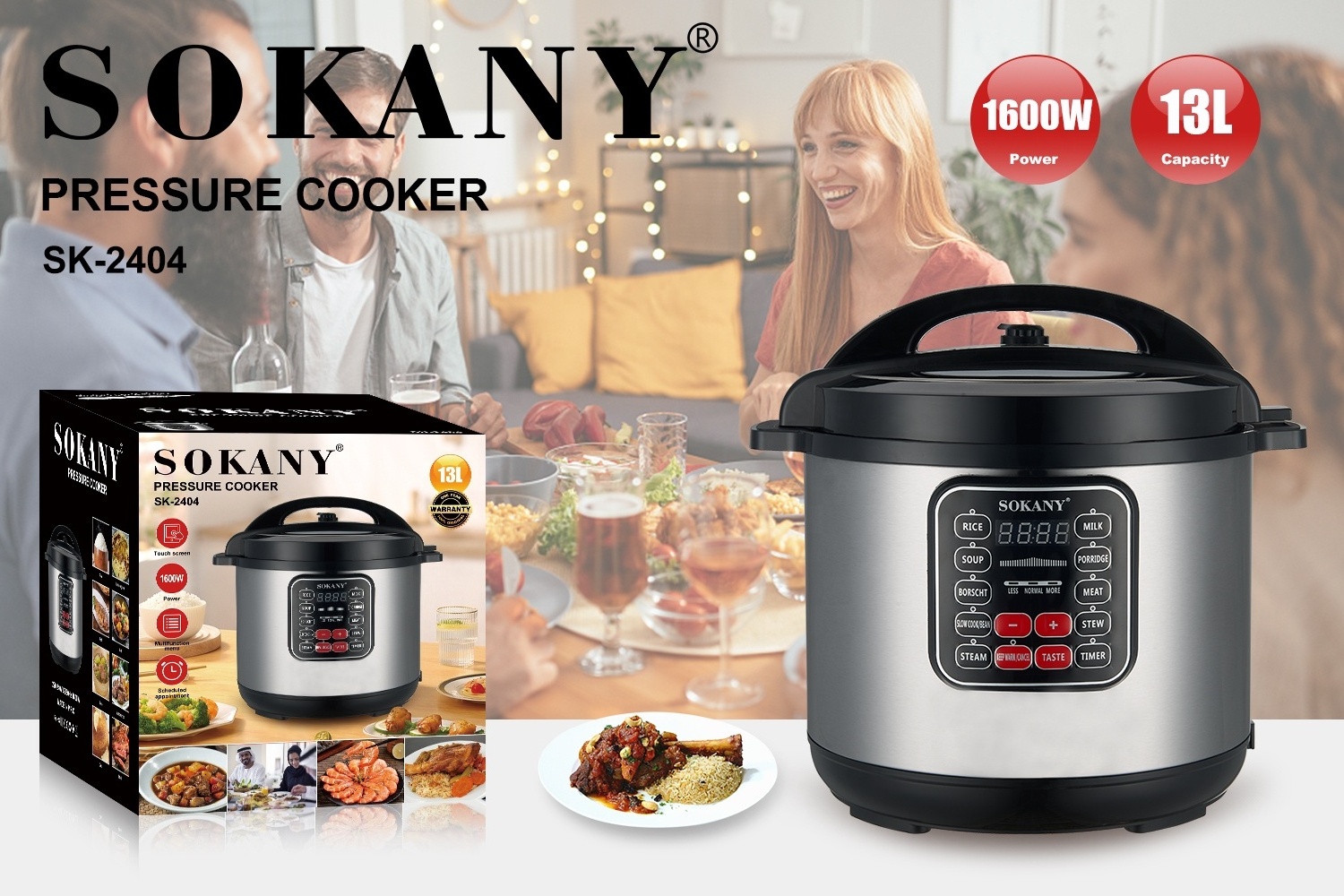 sokany2404High Quality Household Electric Pressure Cooker Stainless Steel Multi 13L Capacity Pressure Pot Cookers