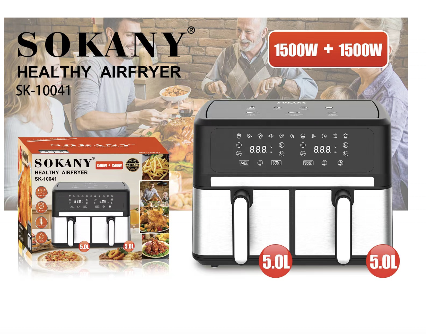 sokany 10041 Stainless steel Touch  Double Air Fryer Electric Deep Fryer Oven Smart Air Fryers With 2 Independent Baskets