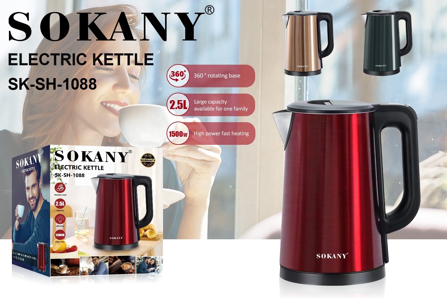 sokany 1088 electric kettle  stainless steel household large capacity whistle convenient glass kettle