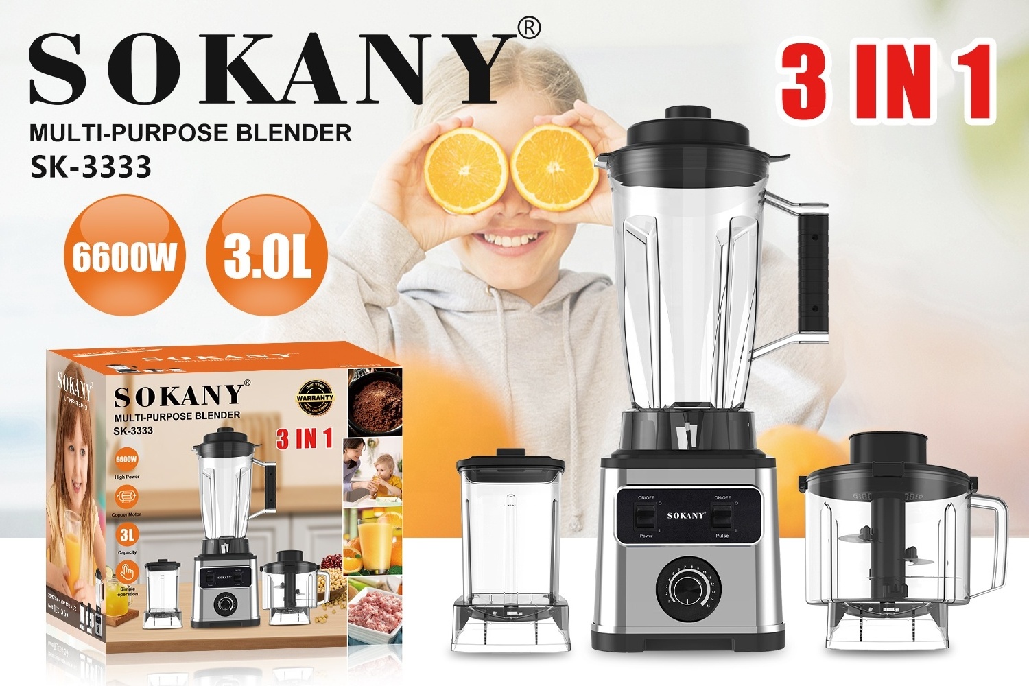 sokany 6600W Stainless Steel Portable Juicer Blender To-Go Cups and Spout Lids Pulse Technology Smoothie Blender