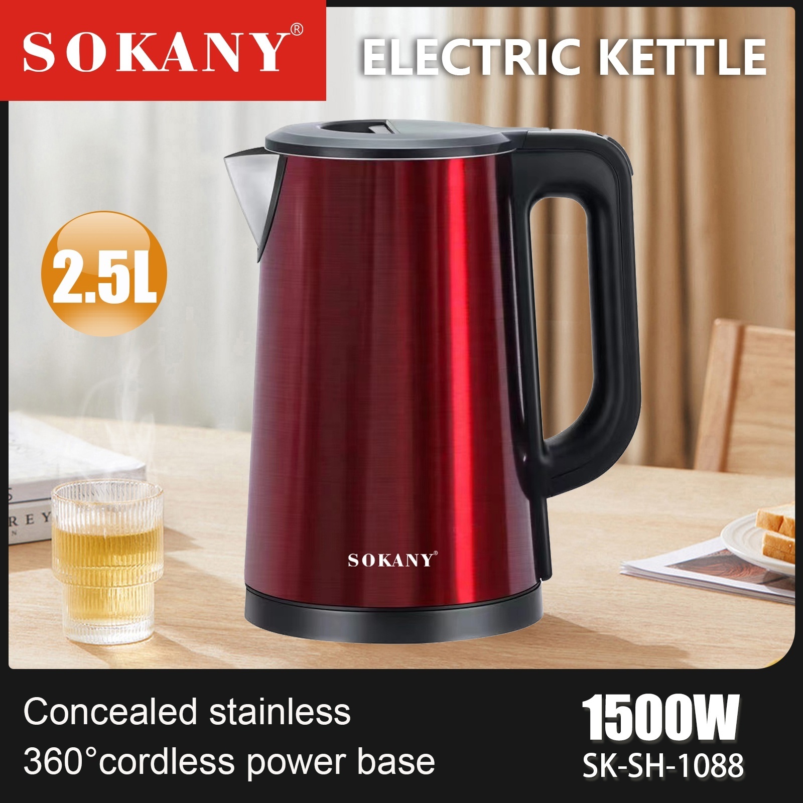 sokany 1088 electric kettle  stainless steel household large capacity whistle convenient glass kettle