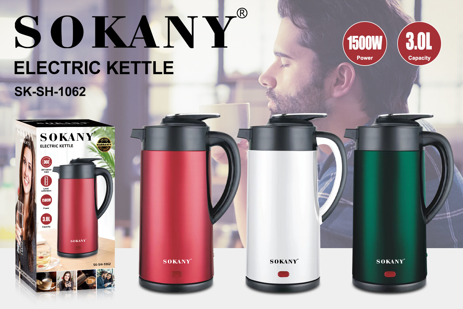 sokanyCordless Stainless Steel Water Kettle Easy Pouring Spout Kettle Overheating Protection Electric Kettle