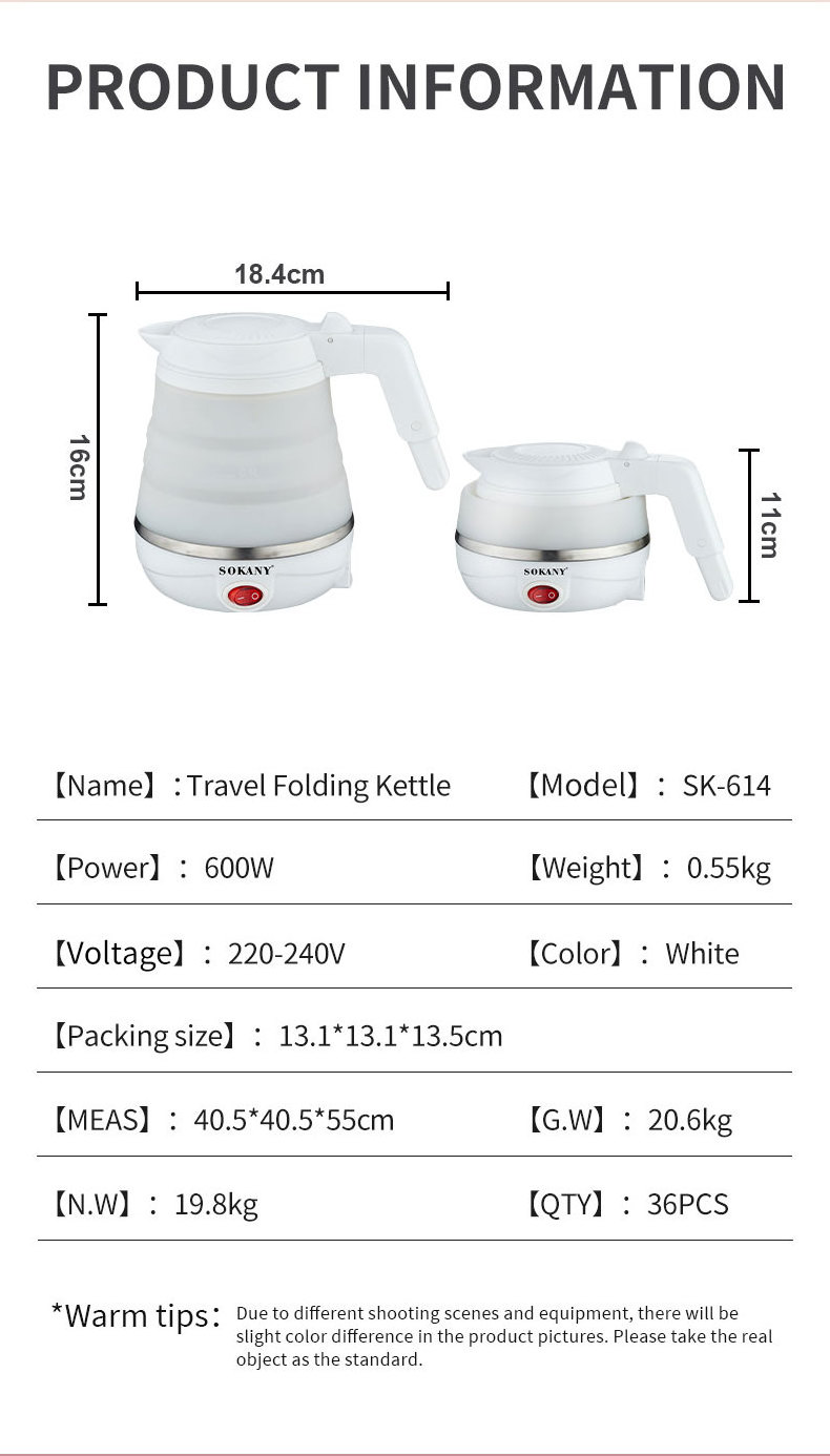 Sokany Travel foldable kettle Mini Folding Electric Collapsible Silicone Outdoor Portable Kettle