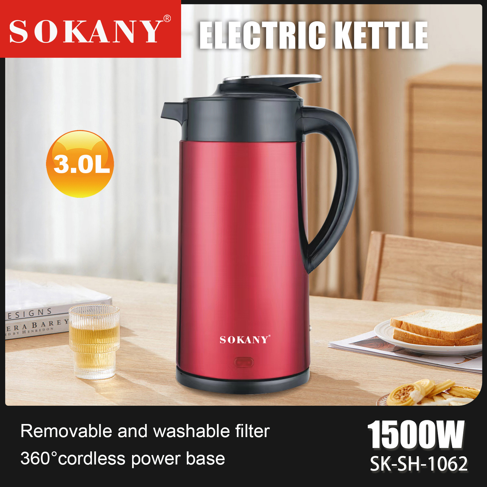 sokanyCordless Stainless Steel Water Kettle Easy Pouring Spout Kettle Overheating Protection Electric Kettle