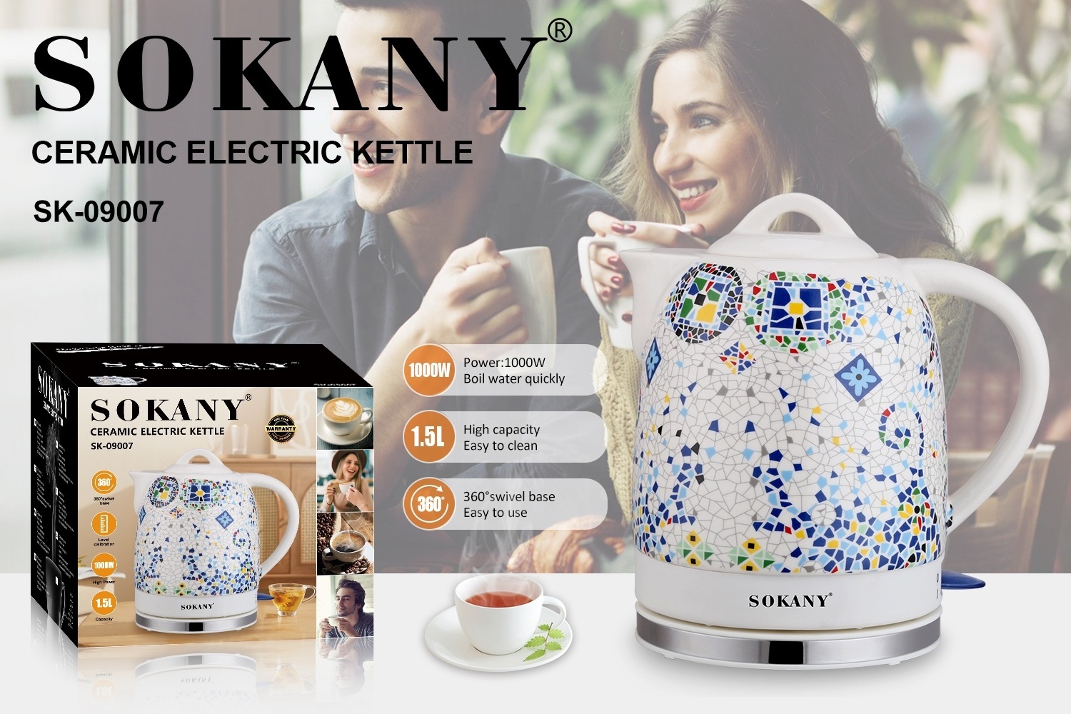 sokany SK-09008   stainless steel 1.5L electric kettle porcelain electric kettle