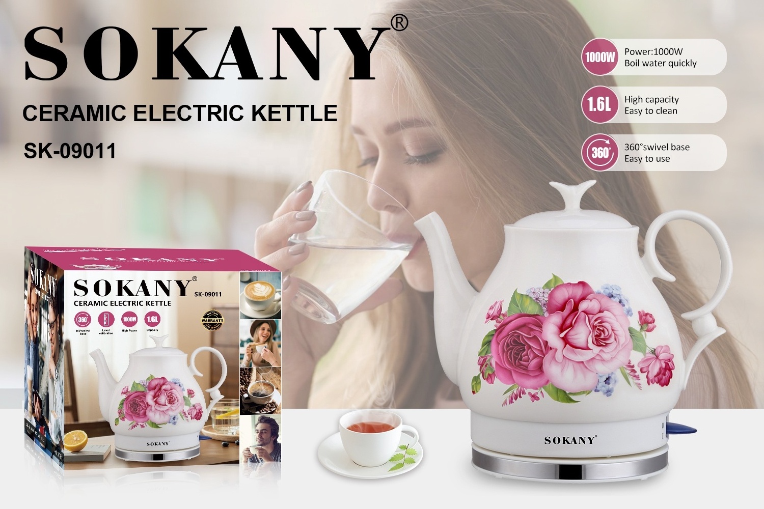 sokany SK-09008   stainless steel 1.5L electric kettle porcelain electric kettle