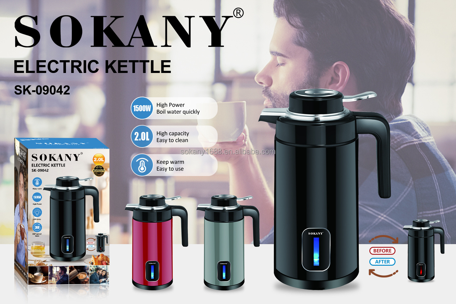 sokany  new brand 2. liter electric kettle Stainless Steel Electric Water Kettle uses hotels and household appliances