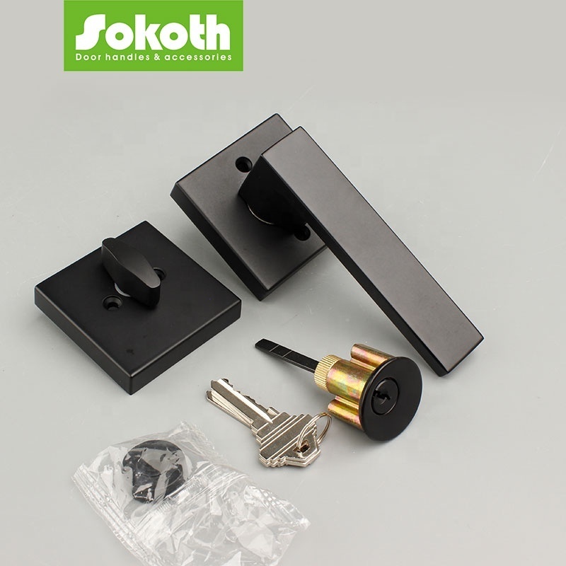 Heavy Duty Zinc Alloy Black Door Handle with Lock and Single Cylinder Deadbolt for Entrance Front Door and Office