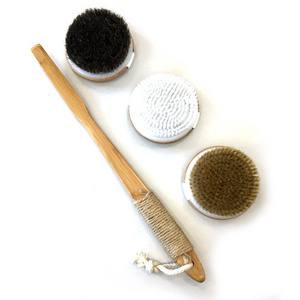 Bamboo Bath Massage Brush Shower Back Brush Set with Long Handle Massage For Scrubber + Dry Skin Body Brush