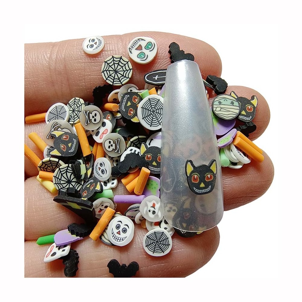 New Arrive DIY Slime Craft Polymer Clay Skulls Bat Pumpkin Halloween Sprinkle 3D Nail Art Stickers Supplier