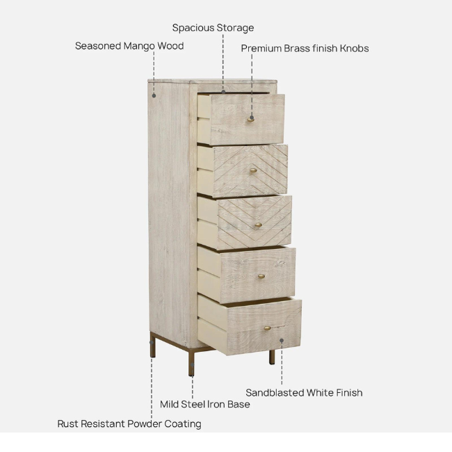 Living Room Furniture Solid Wood Chest of Drawers in Sandblasted White Finish for Home Furniture