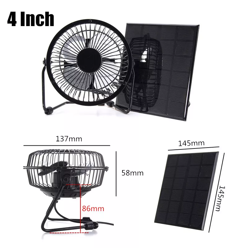 5W USB Monocrystalline Solar Fan with Solar Charger 4 Inch Exhaust Fan Small Solar Panels with Metal Cooler