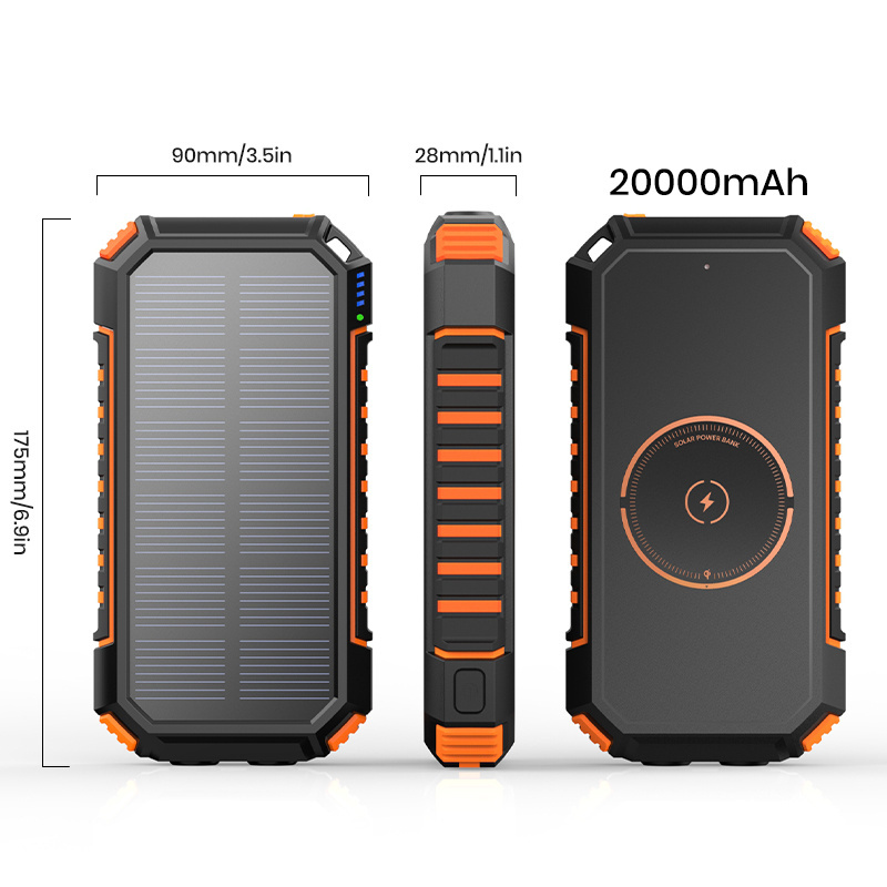 Solar Panel Powerbanks Waterproof Wireless Charging Portable Fast Charging Mobile Phone Charger 20000mAh Solar Power Bank