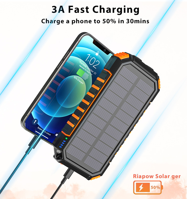 Solar Panel Powerbanks Waterproof Wireless Charging Portable Fast Charging Mobile Phone Charger 20000mAh Solar Power Bank