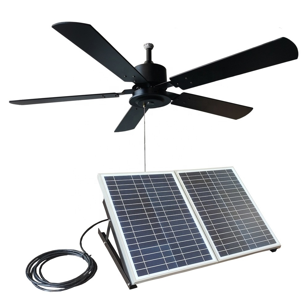 Outdoor Solar powered DC ceiling fan for patio pergolas 40w solar panel  52 inch wooden fan blade