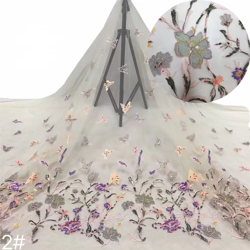 Tulle mesh multi-color luxury lace embroidery flower fabric machine beads butterfly lace double border fabric