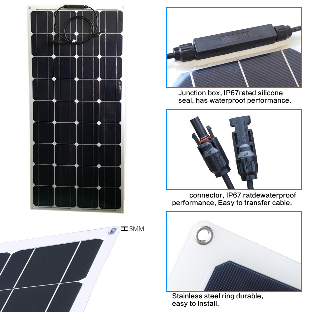 Solar Panel 4pcs 100W 12V 400W Flexible System Kits Battery Charger Monocrystalline Module 50A Charge Controller PV Connector