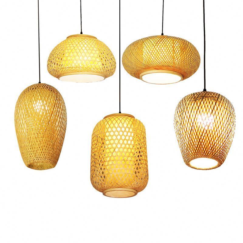 100% Natural Bamboo Handmade Hanging Ceiling Led Lamp Chandelier Pendant Light Rattan Wicker Floor Living Room Home Decor Lamp