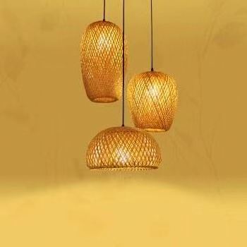 Rattan Woven Pendant Light Handmade Hanging Lamp Basket Design Creative Chandelier Fixture Natural Color