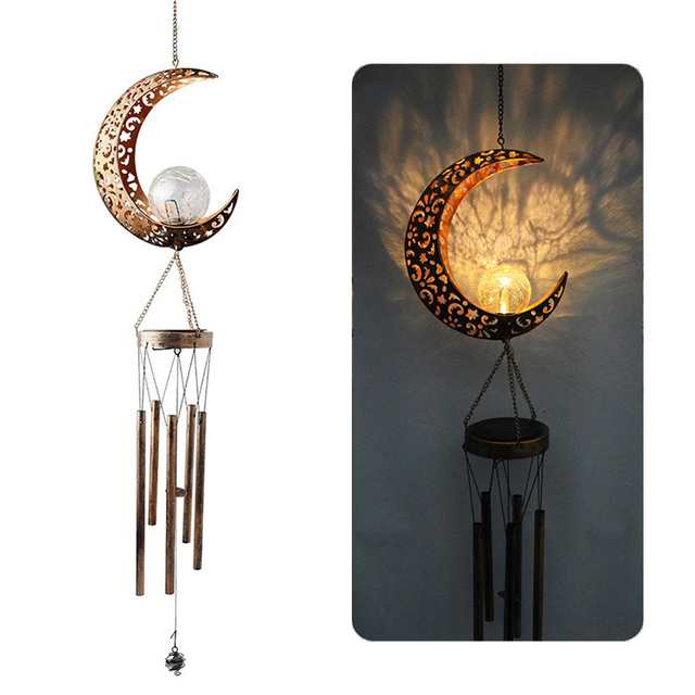 Chinese factory solar wind chimes moon sun iron hollow copper pipe exterior decoration solar garden wind chimes garden ornaments