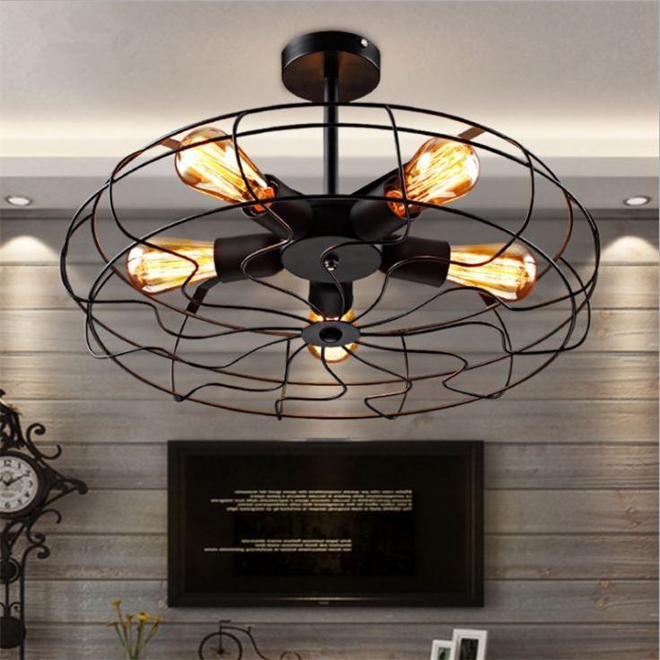 Retro Industrial Vintage Semi Flush Mount led Ceiling fans Light 5-Light