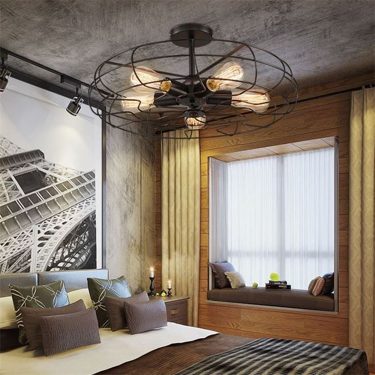 Retro Industrial Vintage Semi Flush Mount led Ceiling fans Light 5-Light