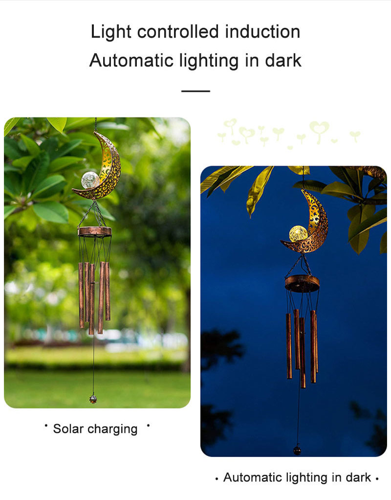 Chinese factory solar wind chimes moon sun iron hollow copper pipe exterior decoration solar garden wind chimes garden ornaments