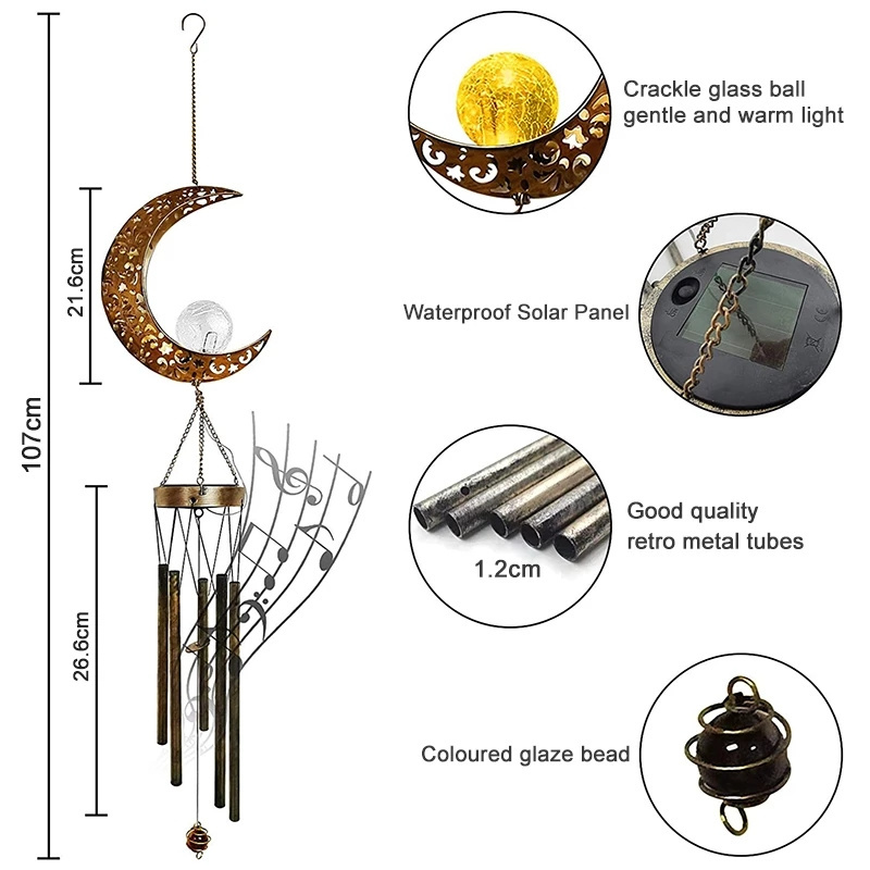 Chinese factory solar wind chimes moon sun iron hollow copper pipe exterior decoration solar garden wind chimes garden ornaments