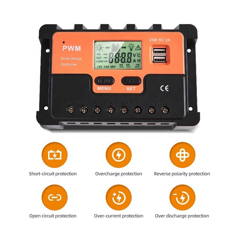 Customized smart solar energy system regulator 10a 20a 30a 40a 50a 60a 80a 100a 12v 24v pwm solar charge controller