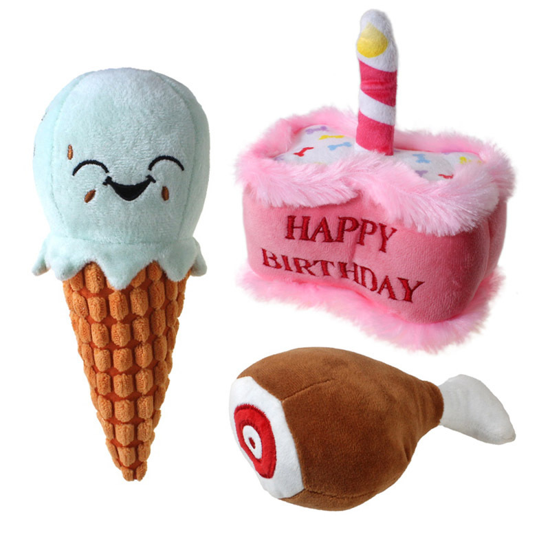 New Arrival Funny Food Style Pet Toy Ice Cream Birthday Cake Chicken Leg Sounding Squeaky Inside Chew Playing Plush Dog Toys