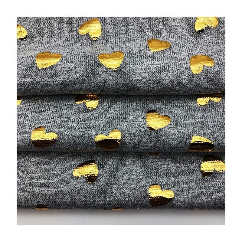 Wholesales holographic gold heart design hacci knitted polyester rayon stretch heather grey foil print fabric for casual wear