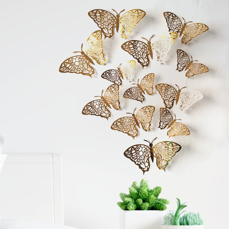 Solhui 12pcs Filigree 3D Butterfly Wall Sticker for Wedding Home Decor Butterflies Rooms Decor Card Paper Sticker