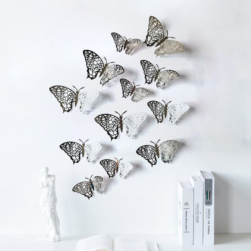 Solhui 12pcs Filigree 3D Butterfly Wall Sticker for Wedding Home Decor Butterflies Rooms Decor Card Paper Sticker