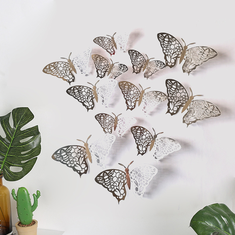 Solhui 12pcs Filigree 3D Butterfly Wall Sticker for Wedding Home Decor Butterflies Rooms Decor Card Paper Sticker