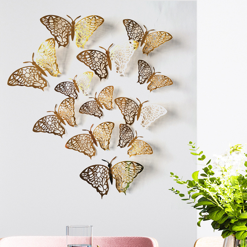 Solhui 12pcs Filigree 3D Butterfly Wall Sticker for Wedding Home Decor Butterflies Rooms Decor Card Paper Sticker