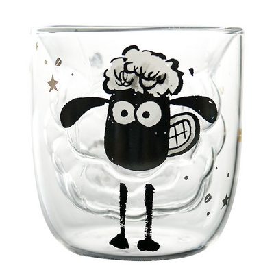 Solhui High Borosilicate Glass Cute Clear Sheep Cartoon Double Wall Glass Milk Cup Glass Coffee Cup