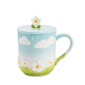 Creative embossed flower ceramic cup personality sky cloud mug Large capacity breakfast milk cup