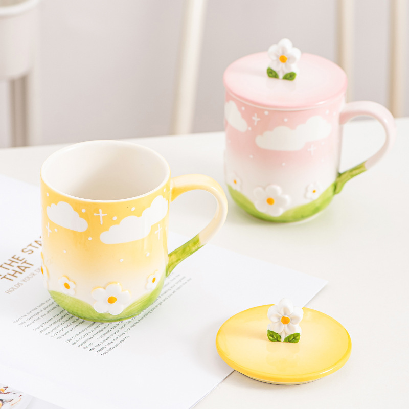 Creative embossed flower ceramic cup personality sky cloud mug Large capacity breakfast milk cup