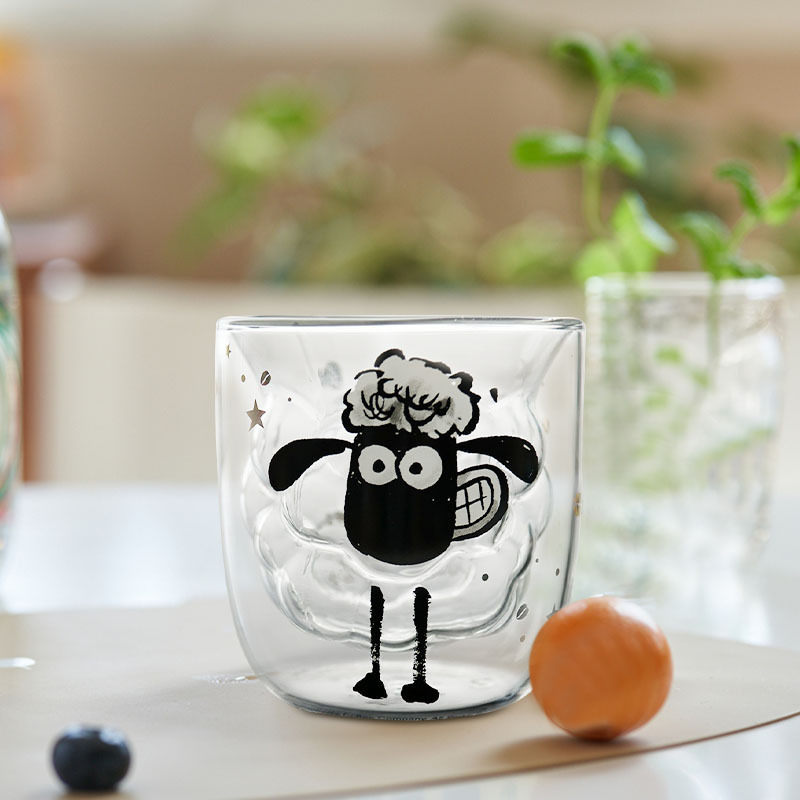 Solhui High Borosilicate Glass Cute Clear Sheep Cartoon Double Wall Glass Milk Cup Glass Coffee Cup