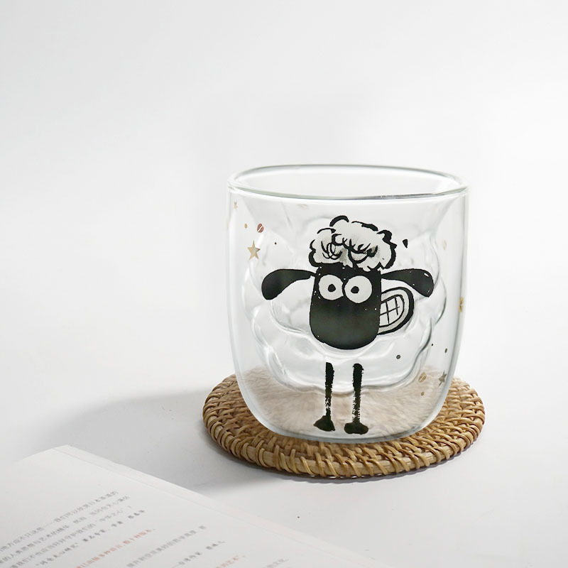 Solhui High Borosilicate Glass Cute Clear Sheep Cartoon Double Wall Glass Milk Cup Glass Coffee Cup