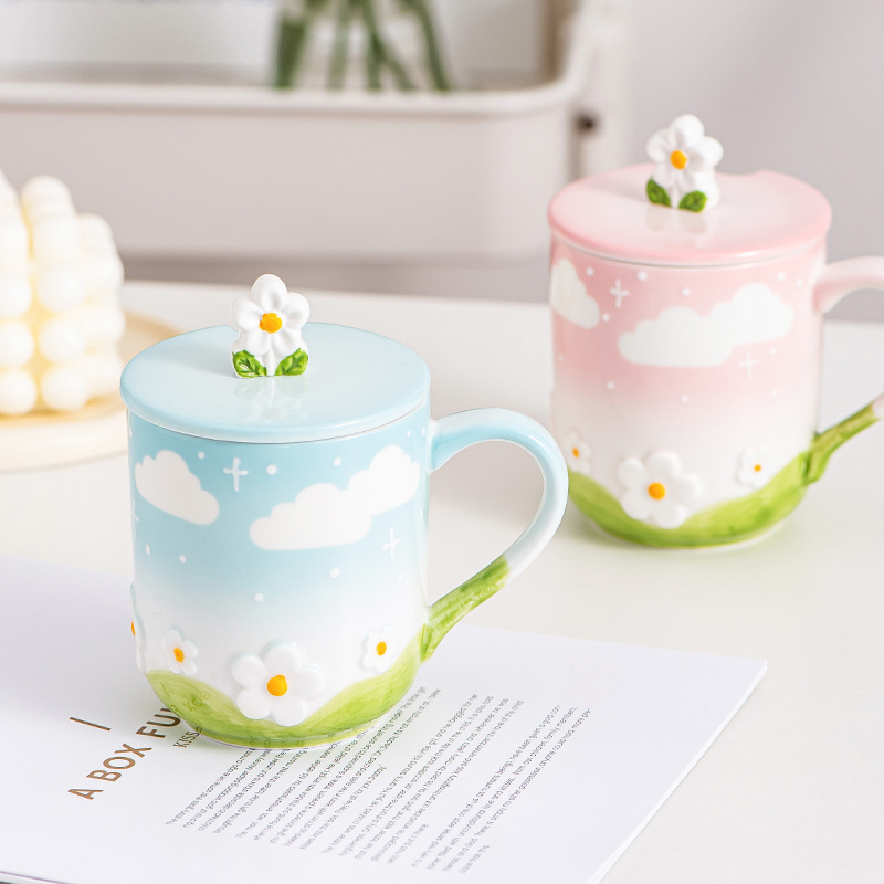 Creative embossed flower ceramic cup personality sky cloud mug Large capacity breakfast milk cup