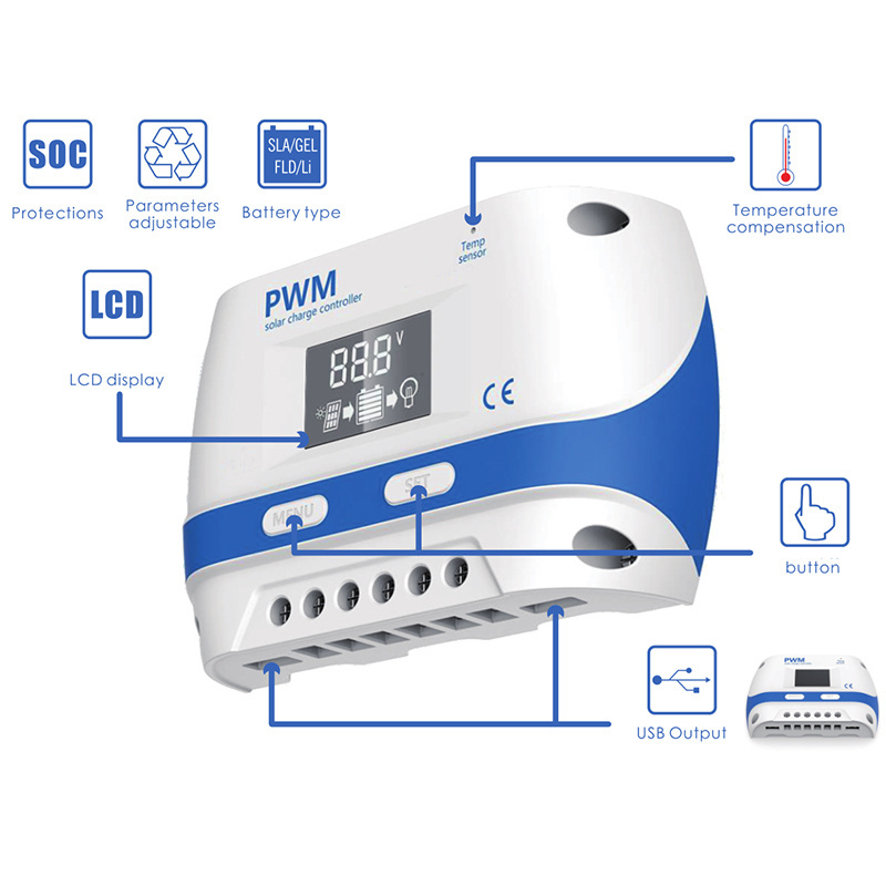 Manual CE RoHS PWM 12volt 24volt 30amp Solar Charge Controller