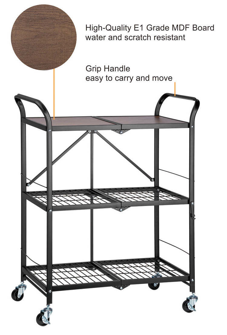 FFR-04 3 Layer Heavy Duty Folding Steel Shelving Unit with MDF Board Mobile Storage Cart Shelf Rack with Casters