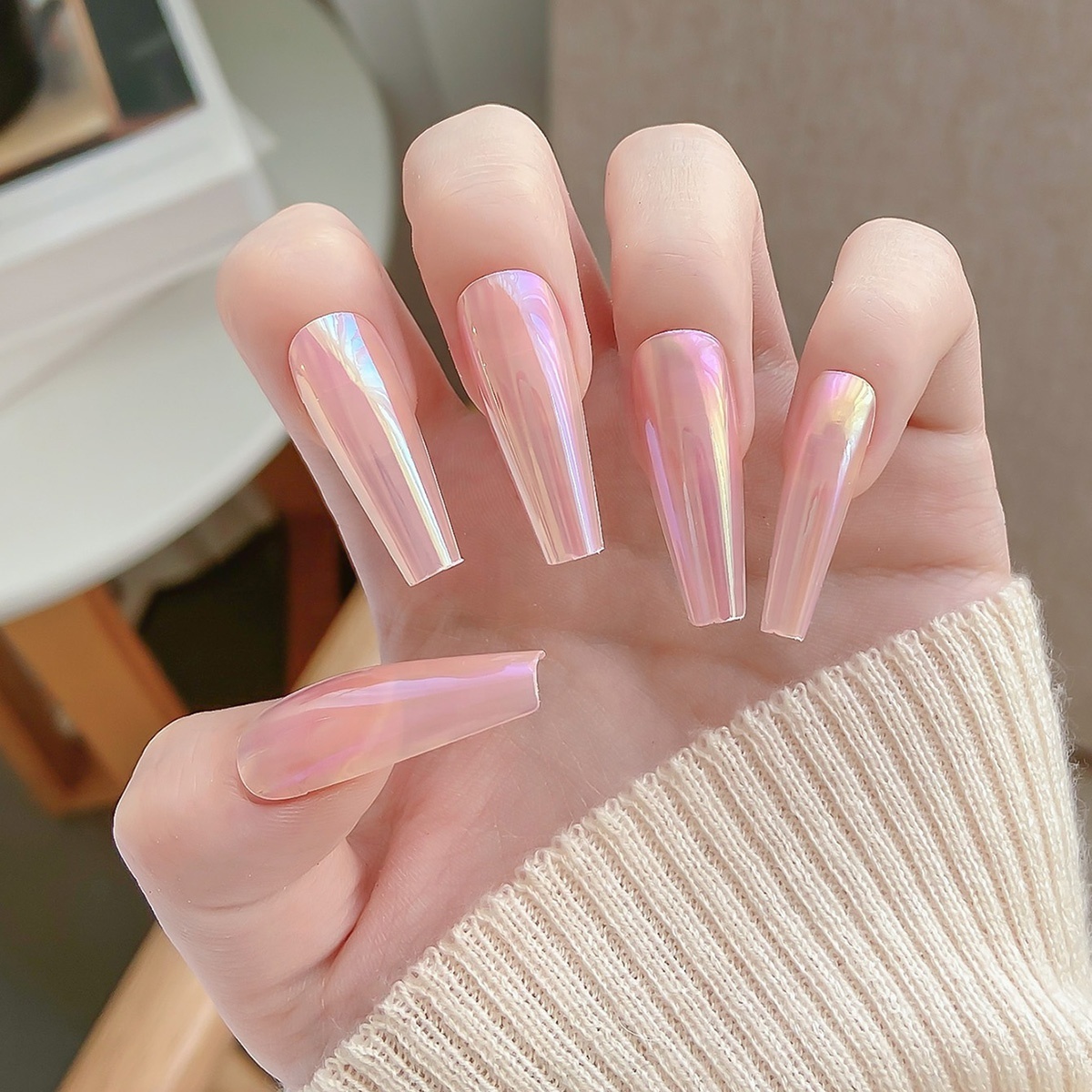 24pcs Press On Set Pink Nail Designs Rainbow Almond Chrome Beige Bening  Rhinestone Acrylic Kit Nails Fake