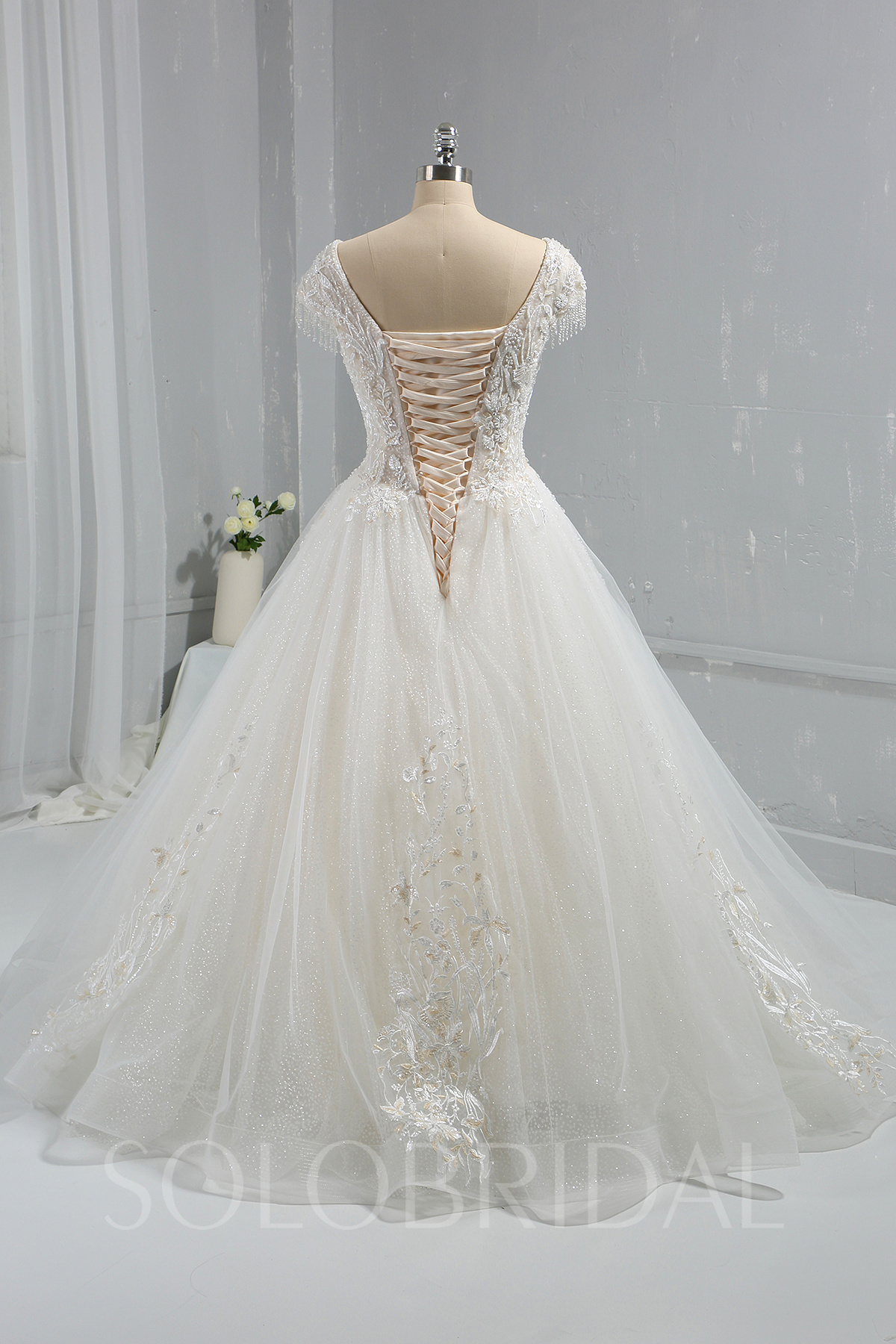 Light champagne ball gown shiny lace wedding dress