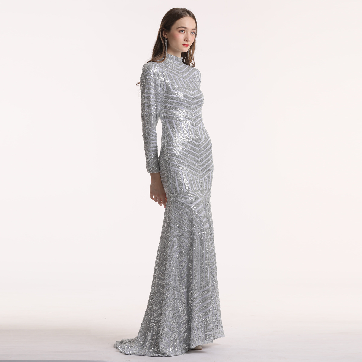 Silver sequin long sleeves high neck muslim wedding guest dresses for wedding party brides maid dresses