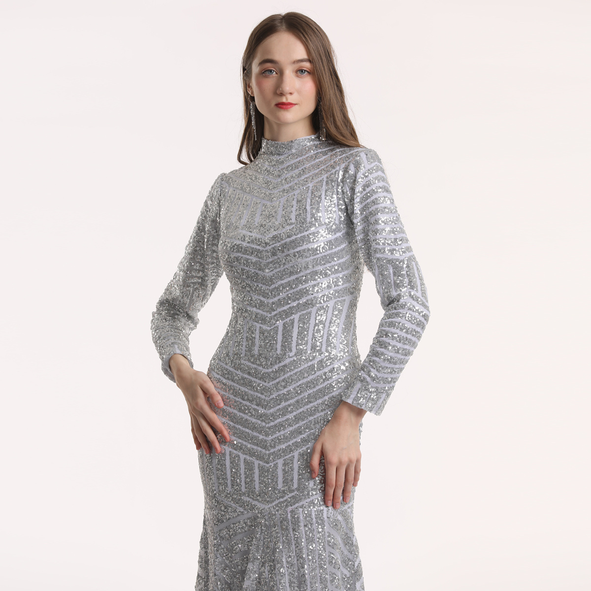 Silver sequin long sleeves high neck muslim wedding guest dresses for wedding party brides maid dresses