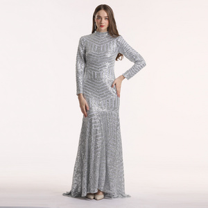 Silver sequin long sleeves high neck muslim wedding guest dresses for wedding party brides maid dresses