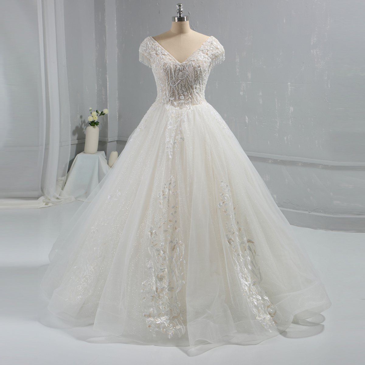 Light champagne ball gown shiny lace wedding dress